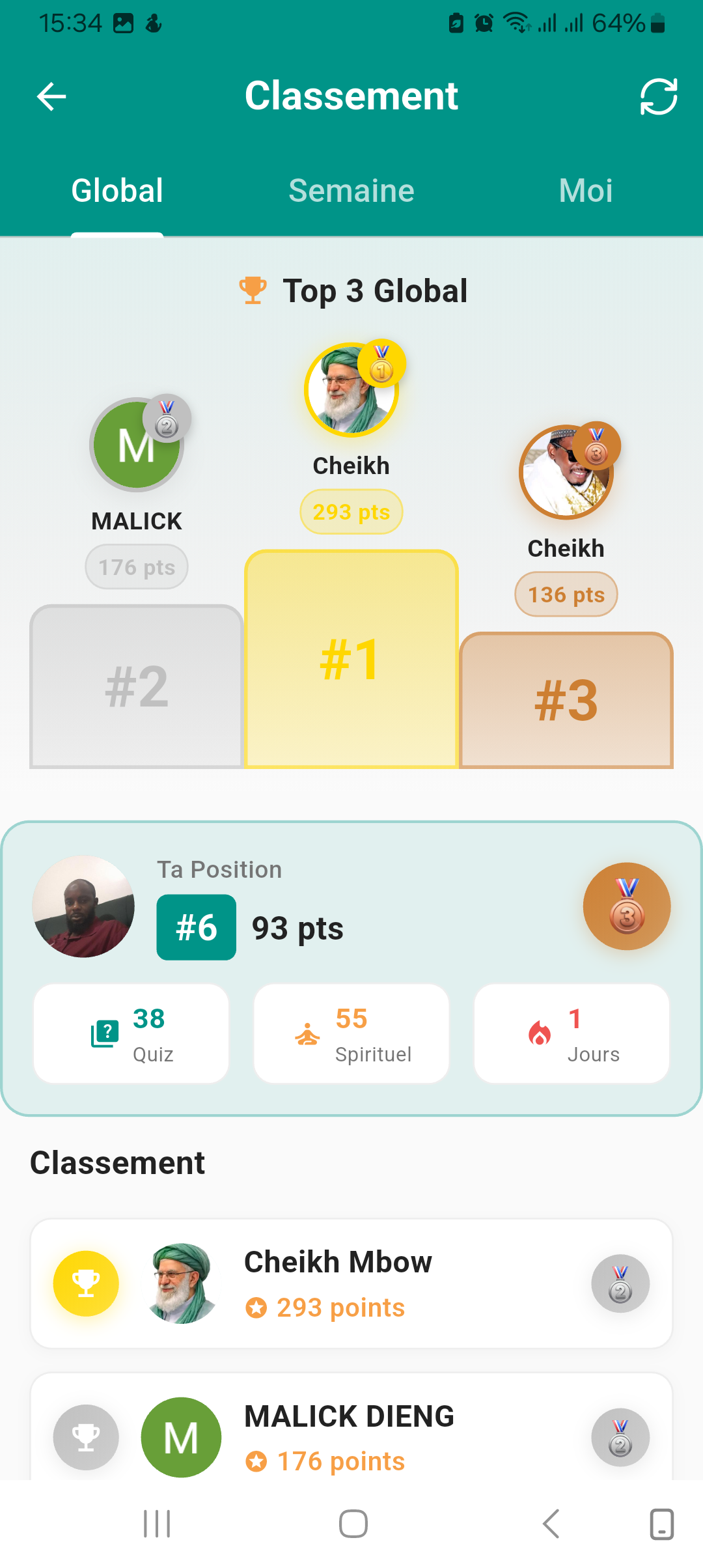 Classement communautaire du quiz Daradji avec podium et ligues