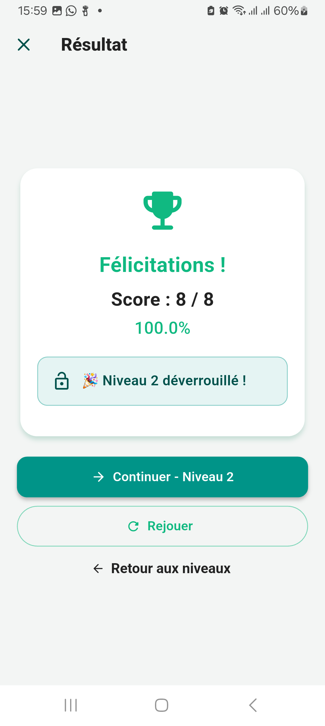 Résultat d'un quiz dans Daradji