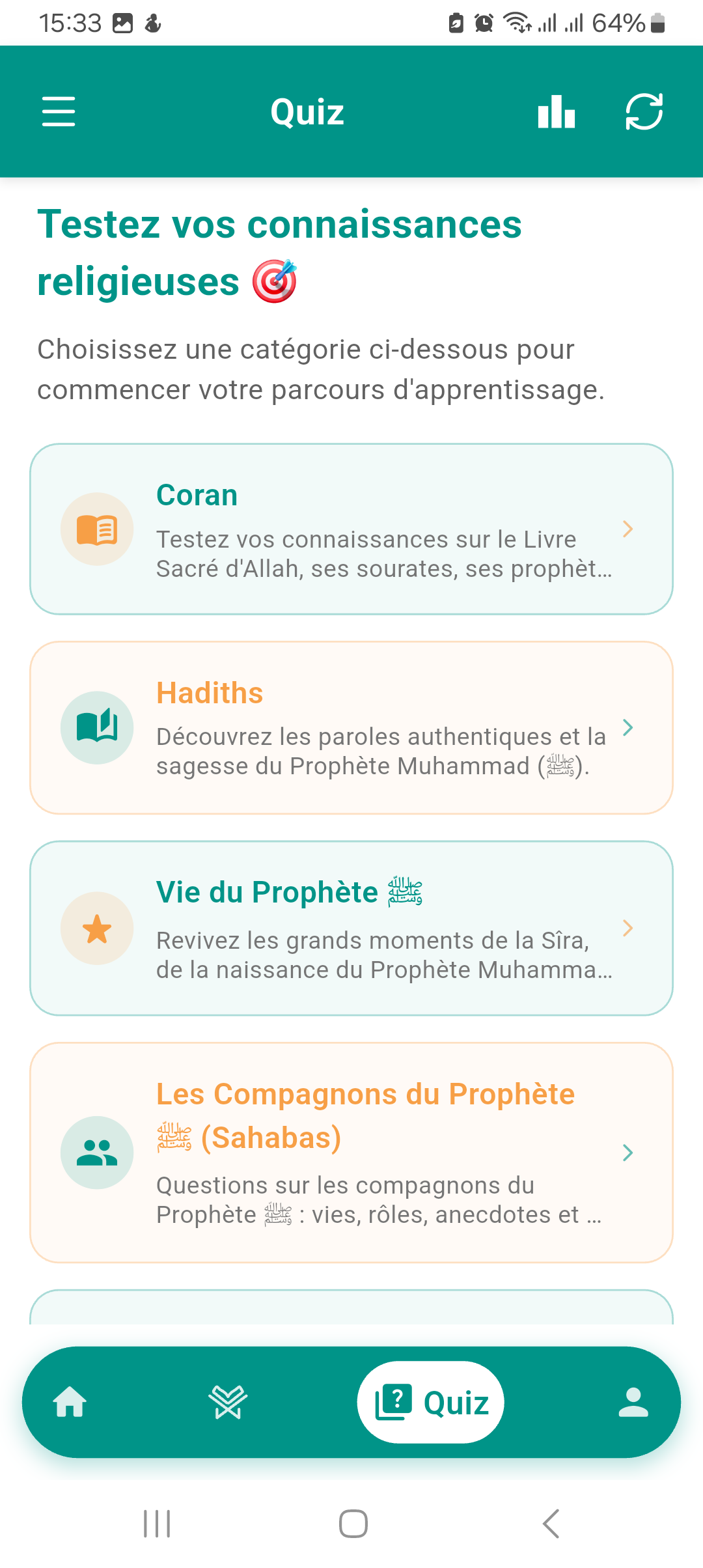Catégories de quiz religieux dans Daradji