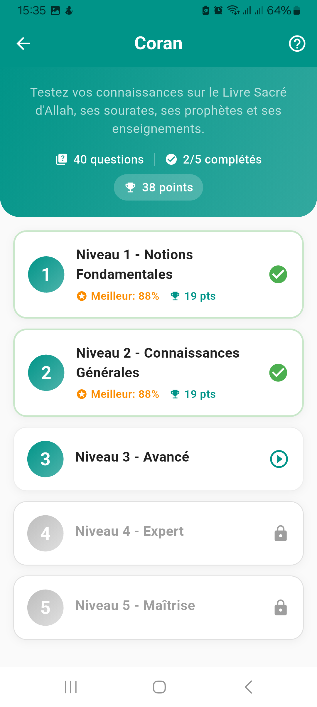 Niveaux du quiz Coran dans Daradji